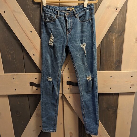 Lily Parker Distressed Stretch Skinny Jeans w/ Honeycomb Detail | Size 28 - Picture 1 of 6